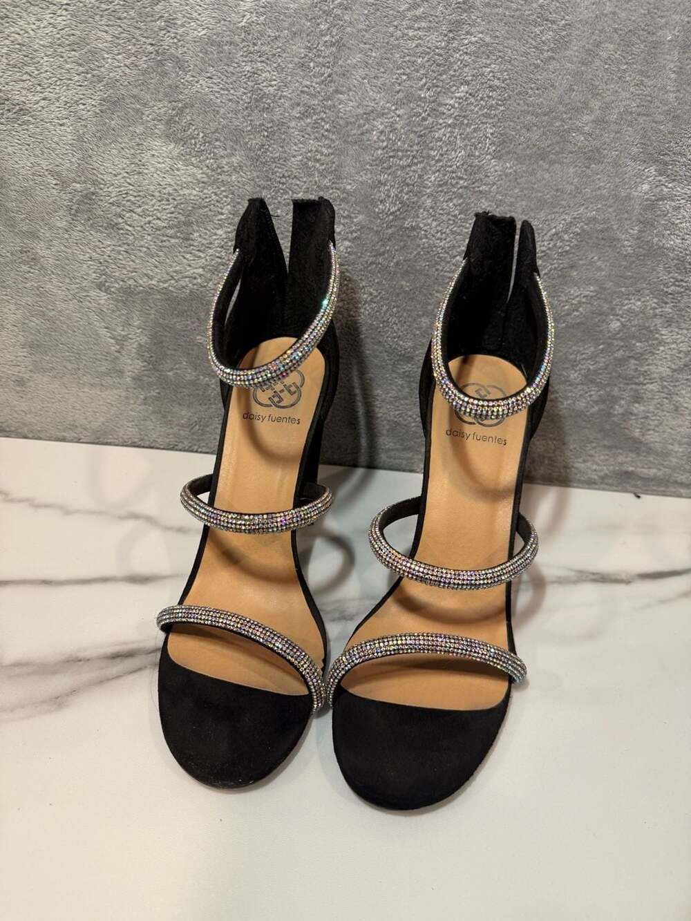 Daisy Fuentes Mirava Black Rhinestone Strappy Block Heel Sandals